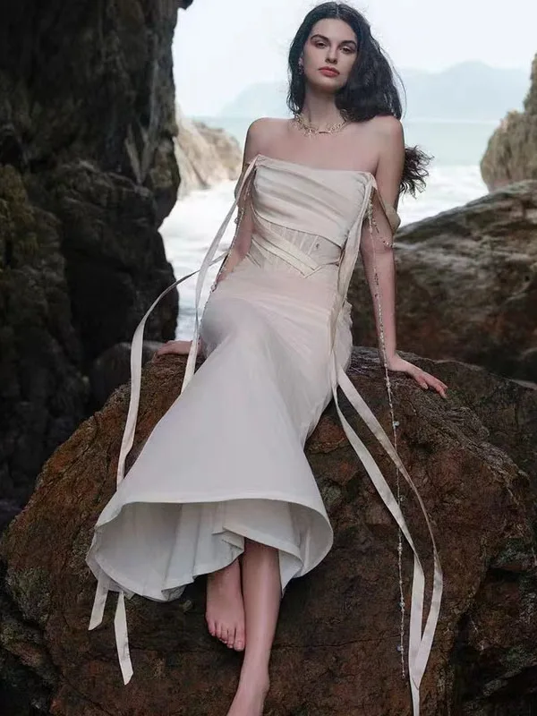

Elegant High-Waist Sleeveless One-Shoulder Long Dress Women's Evening Gown Fashionable Zipper Style Fish-Tail Skirt Party Dress
