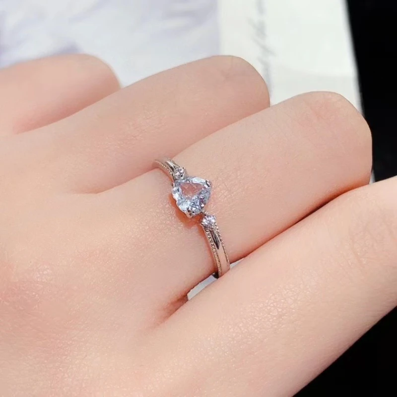 Simple 925 Silver Heart Gemstone Ring Natural Aquamarine Ring 5mm 0.5ct Genuine Aquamarine Jewelry with Certificate