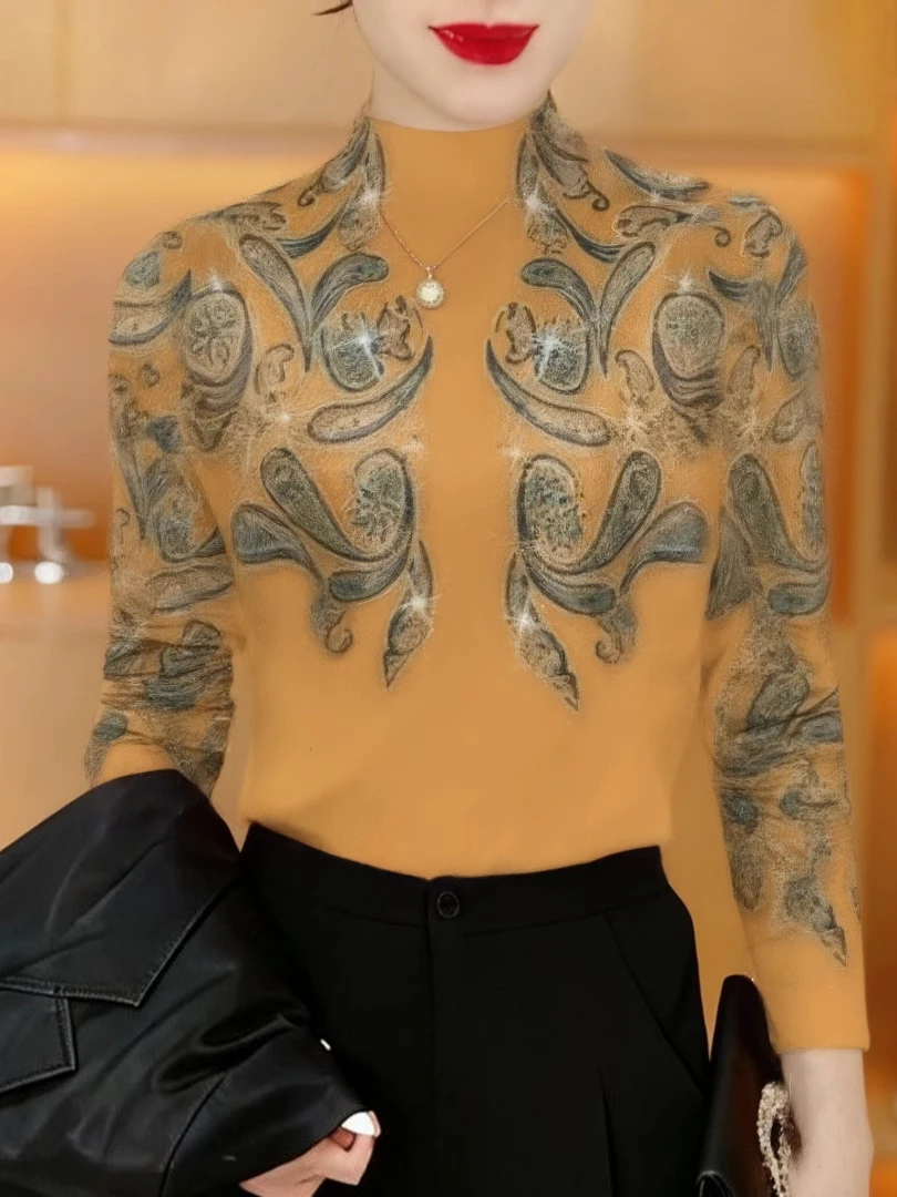 

Утепленный флисовый термотоп с длинными рукавами и принтом, с воротником-стойкой, для женщин среднего и пожилого возраста, одежда для мам, скрывающая живот.