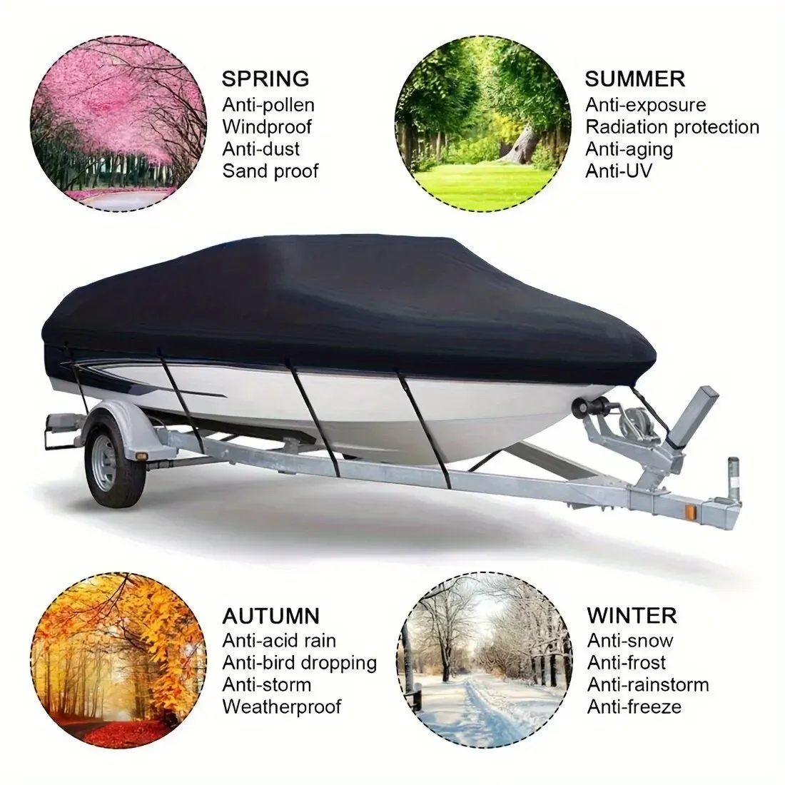 Black Boat Cover Anti-UV Waterproof Outdoor Protection Heavy Duty Marine Fishing Speedboat 190T Yacht 11-22FT