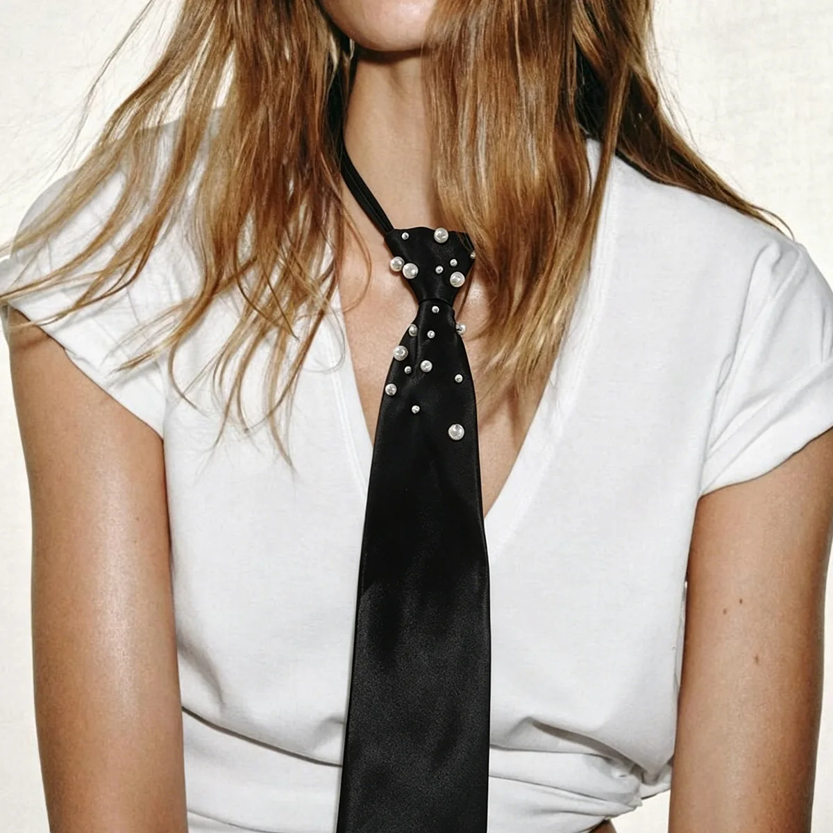 Edgy Black Evening Necktie Pearl Rhinestone Zigzag Detailing Avant Garde Collar Tie Modern Banquet Runway Party Accessories