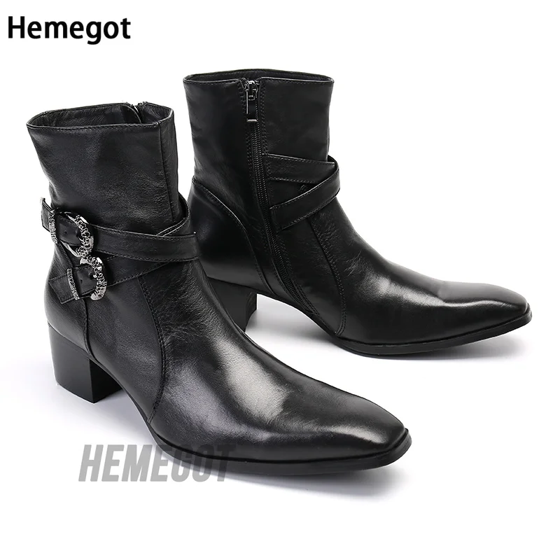 

Black Double Buckle Men's Boots Single-Buckle Side Zipper Boots High-Heeled Leather Boots Increased Banquet Host Leather Boots