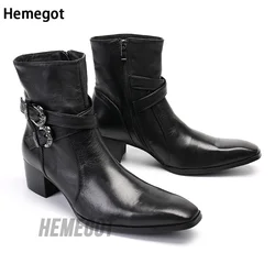 Black Double Buckle Men's Boots Single-Buckle Side Zipper Boots High-Heeled Leather Boots Increased Banquet Host Leather Boots