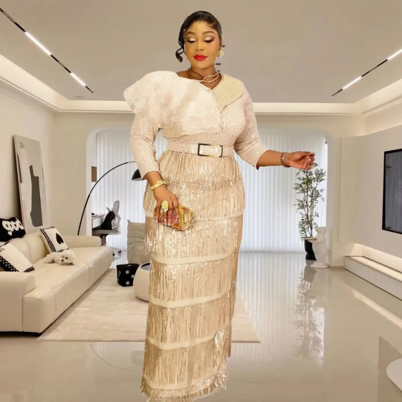 

Африканские вечерние платья для женщин, 2025 г., элегантное мусульманское платье макси в Турции размера плюс, Дашики, свадебное вечернее платье с кисточками и блестками