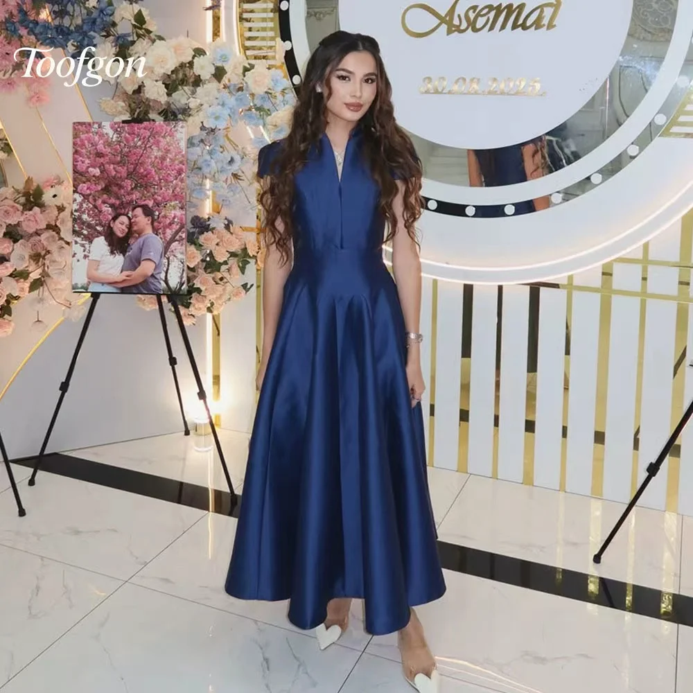 

Toofan Индивидуальные женские синие платья для выпускного вечера с v-образным вырезом и драпировкой из атласа трапециевидной формы Вечерние платья с открытой спиной до щиколотки Vestidos De Festa