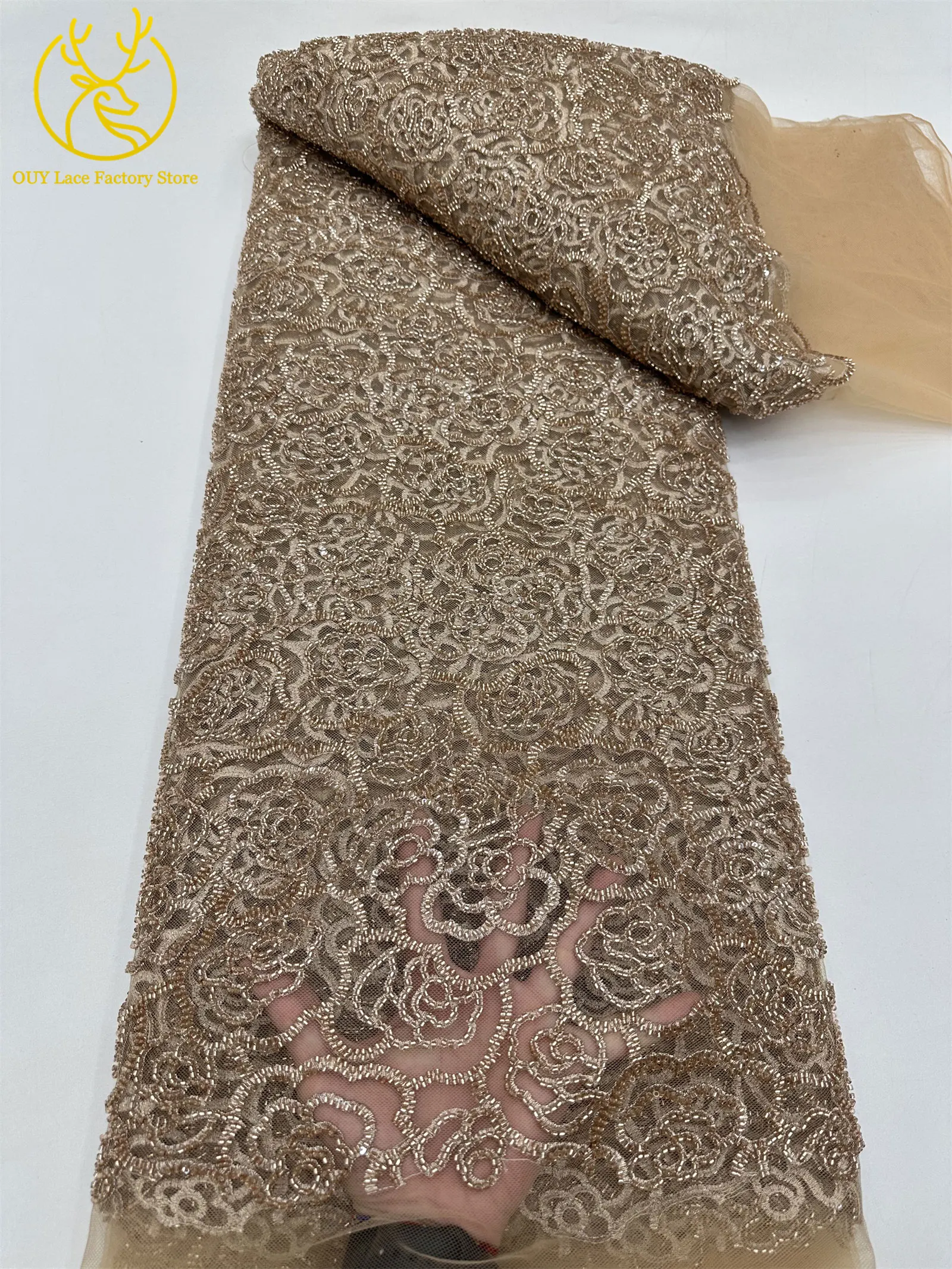 Stickerei-Blumen Perlen-Pailletten Spitzenstoff Französischer Tüll Netz-Stickerei Nigerianischer Spitzenstoff Brautkleid-Stoff – Detail 11