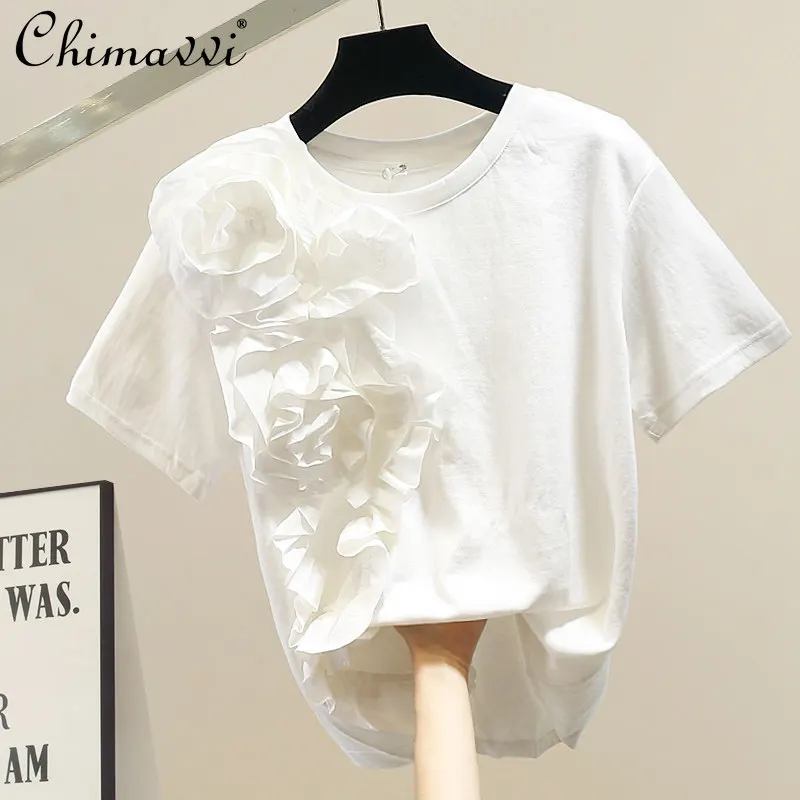 

Fashion Heavy 3D Floral Patchwork Short-sleeve T-shirt for Women 2026 Spring-summer New Slim-fit Elegant White Top for Ladies