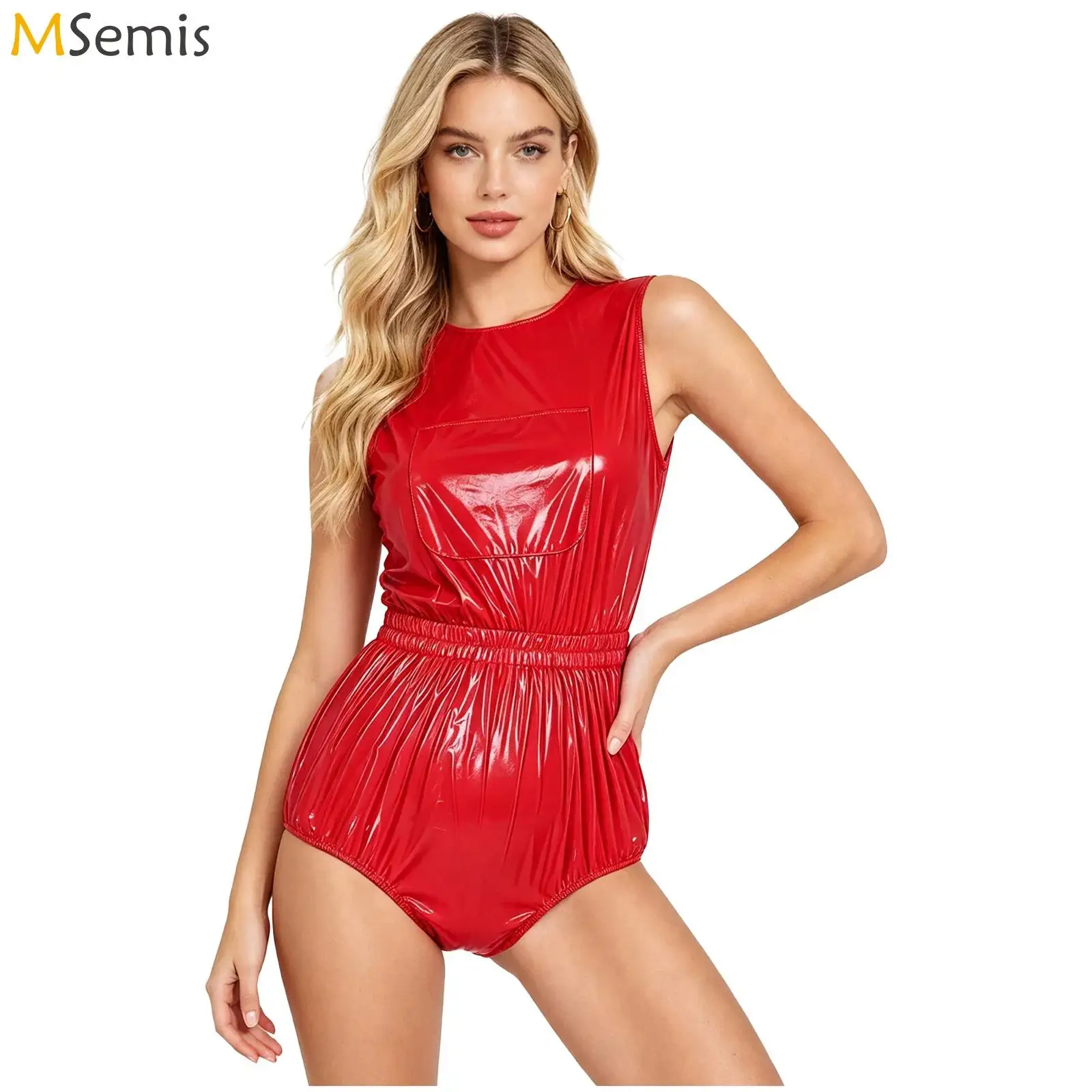 Wasserdichter Vinyl-Badeanzug für Damen, ärmellos, mit Brusttasche vorne, geknöpfter Schritt, Bodysuit, Badebekleidung, Windelüberzug, Kleidung