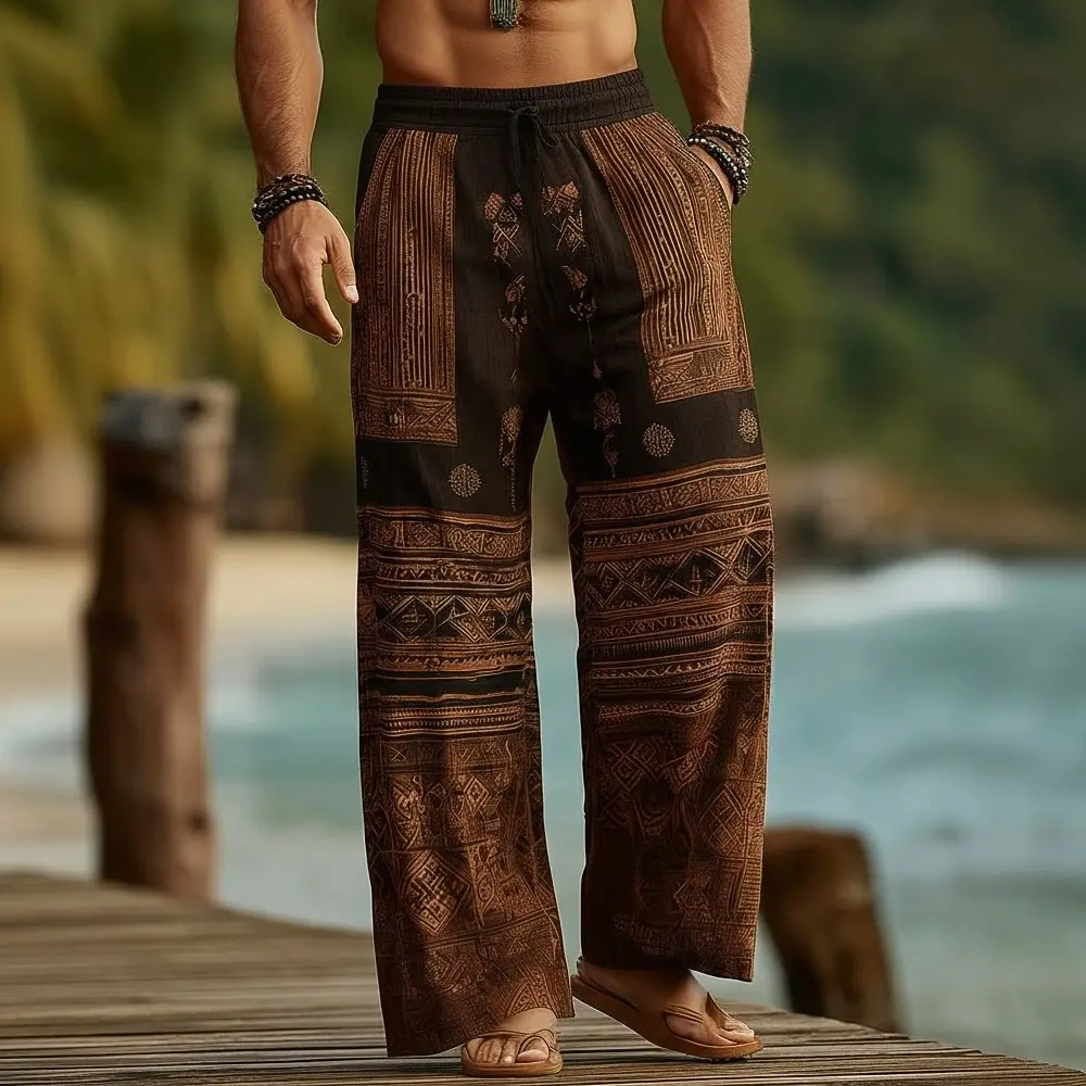 

Мужские повседневные легкие брюки с широкими штанинами, богемный цветочный принт, эластичный пояс на шнурке, свободный крой, летние брюки для отдыха на природе