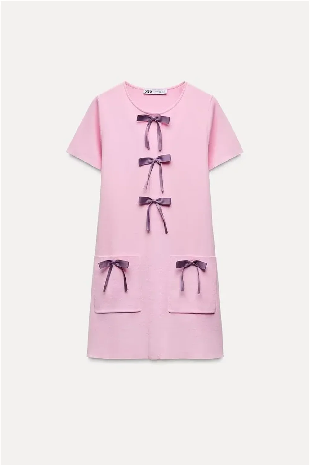 PB&ZA Autumn/Winter New Women's Wear Color Contrasting Bow Decoration Knitted Round Neck Short sleeved Skirt Mini Dress