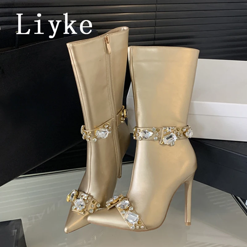 Liyke Fashion Crystal Gem Rivet Women Autumn Winter Shoes Zip Ankle Chelsea Boots Sexy Pointed Toe Party Stripper Heels Booties