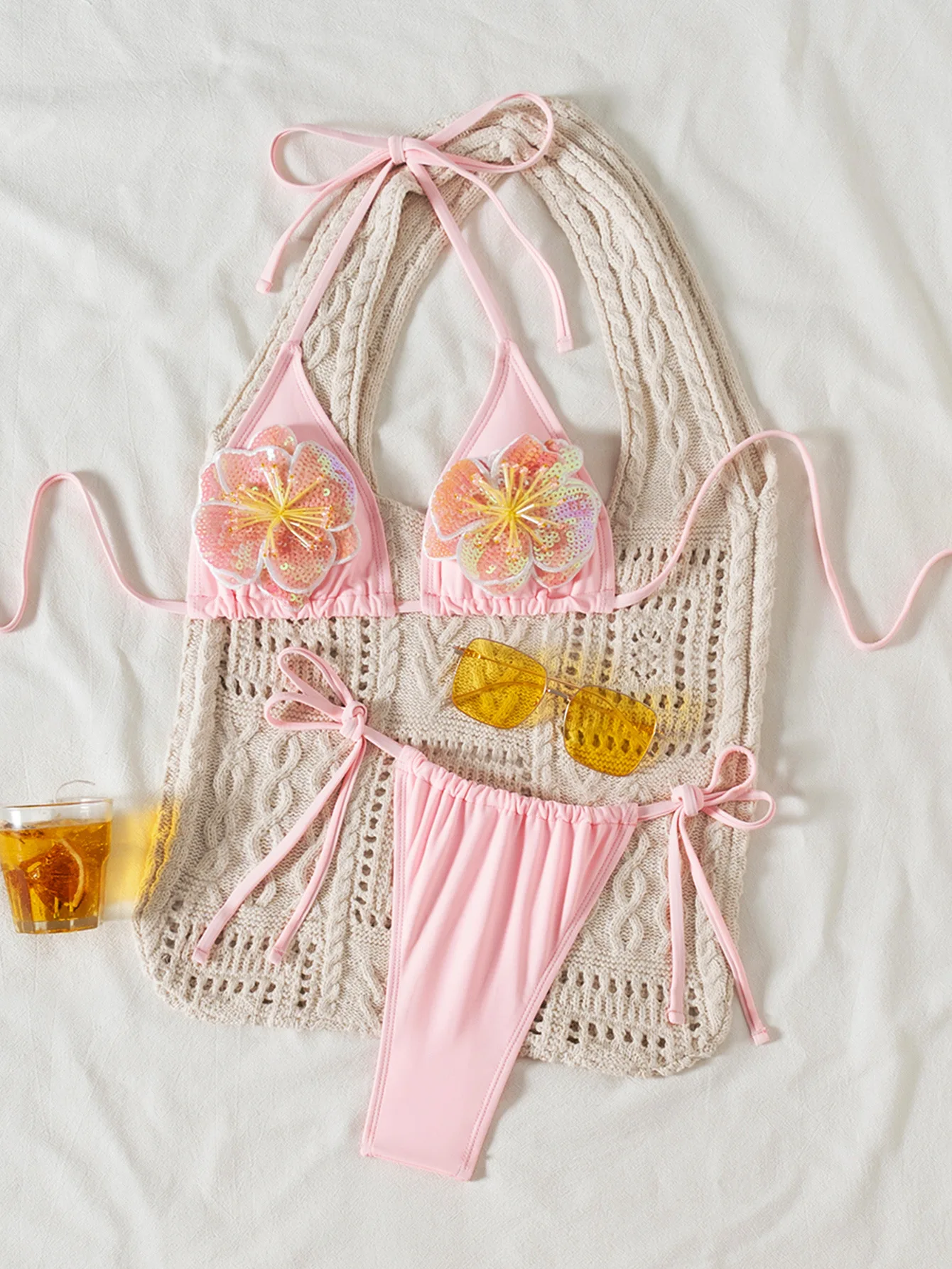 Seksowne bikini 3D z cekinami, różowe komplety dwuczęściowe, stroje kąpielowe wiązane na szyi, stringi, odzież plażowa, biquini conjunto de bikini tankini