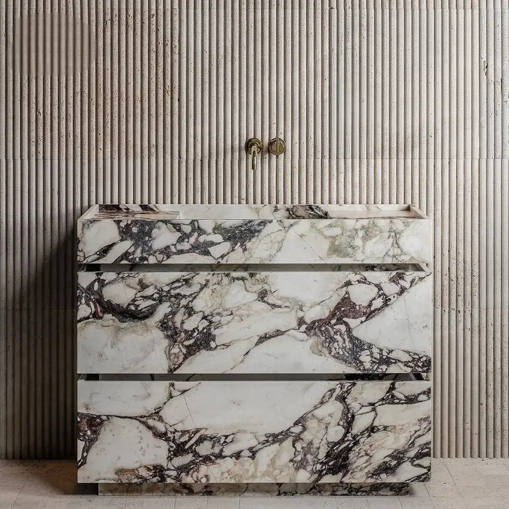 French Style Floor-Standing Vanity: Luxury Stone Slab Bath Cabinet w/ Top or Undermount Sink, Antique Marble Look Bathroom Set