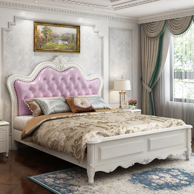 

Queen Size Pink Unique Luxury Bed Storage Master Aesthetic King Bed Wood Genuine Leather Letto Matrimoniale Bedroom Furniture