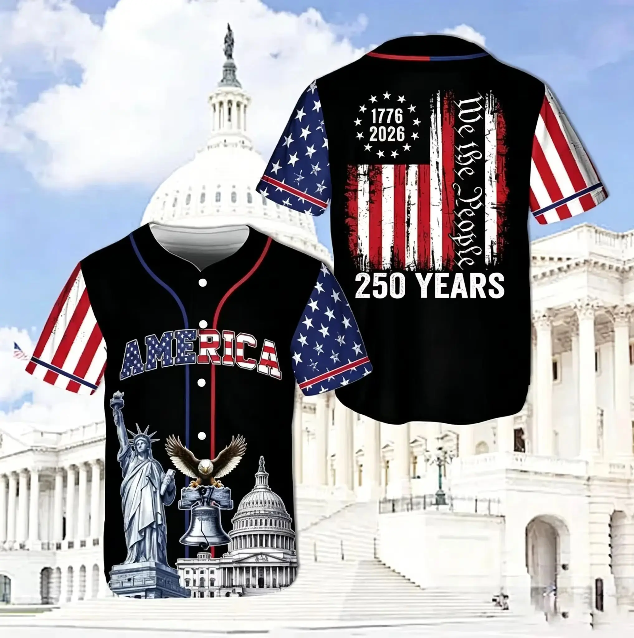 

Hot Selling Top USA 250th Anniversary Printed Baseball Jersey, Patriotic Short Sleeve Shirt for Sports Festival Daily Outing