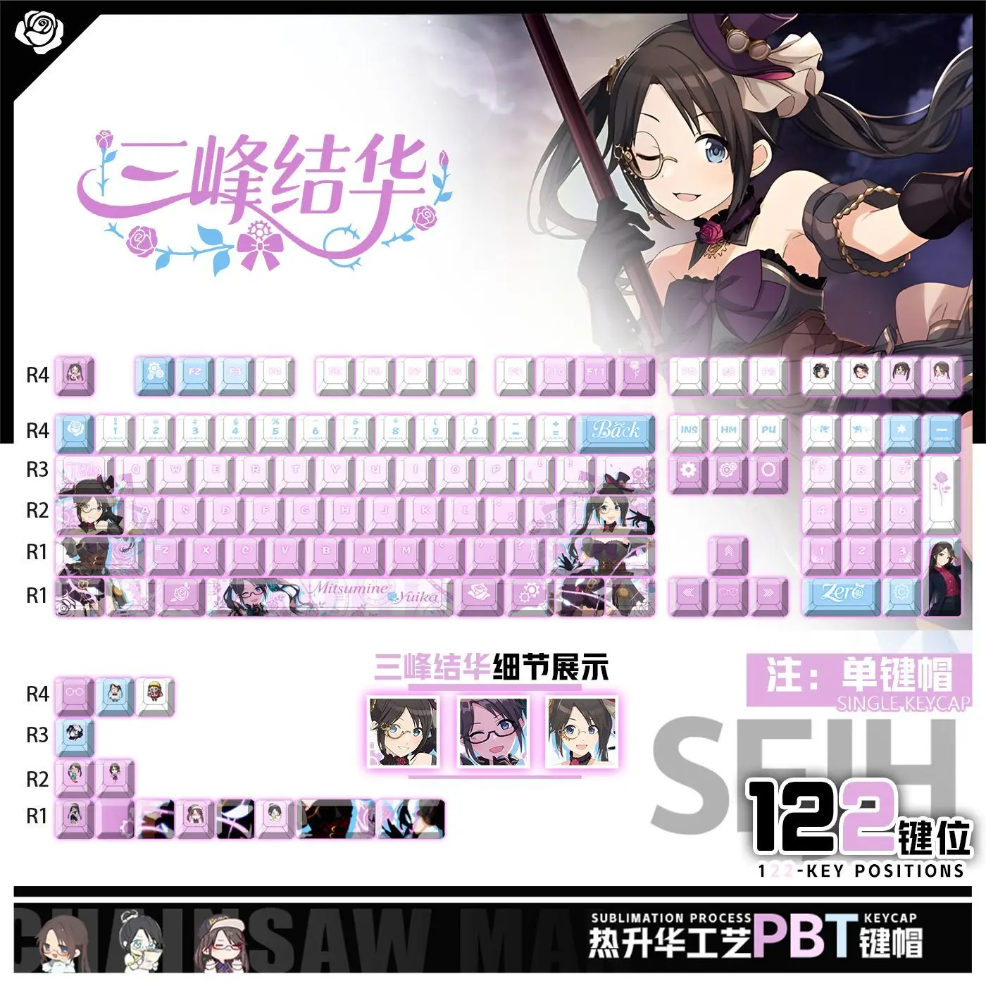 122 Keys Shiny Colors Yuka Misumine Keycaps Game Chreey PBT Transparent Key Cap for Made68 Mad68 Wooting 60 Mechanical Keyboard