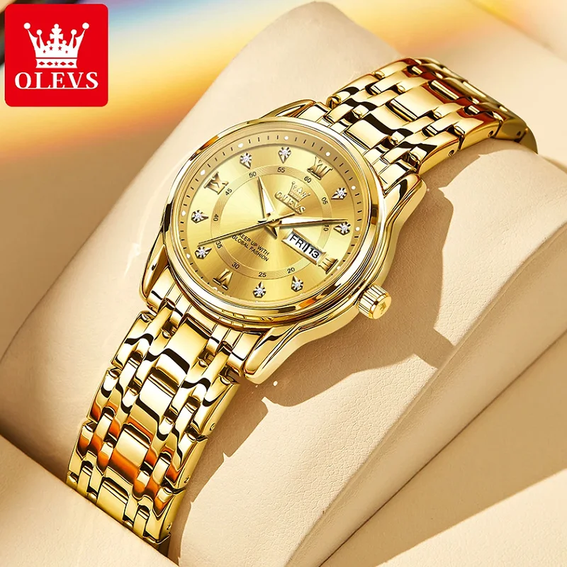 OLEVS Original Quartz Watch for Women Dual Calendar Diamond Luxury Fashion Stainless steel Waterproof Luminous Ladies Wristwatch