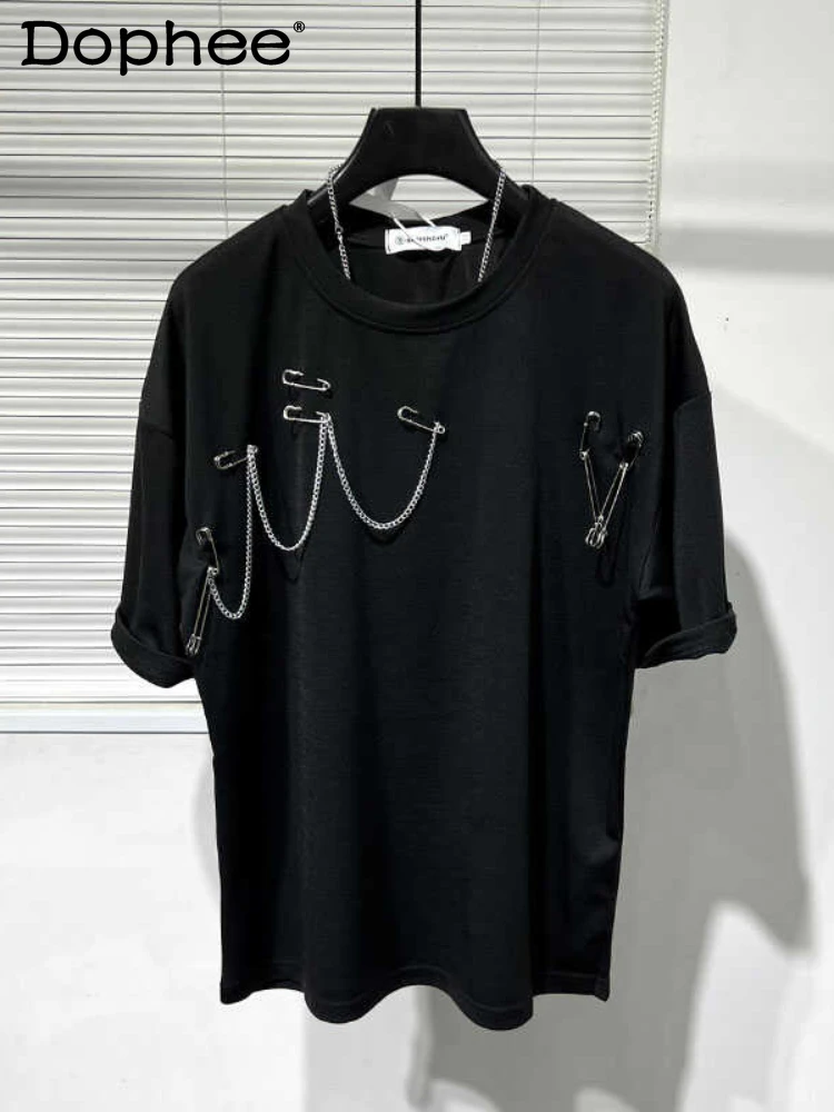 2024 Men's Summer Personality Metal Splicing T-Shirts Handsome Short Sleeve Round Neck T-shirt Men's Trendy Thin Loose Black Top