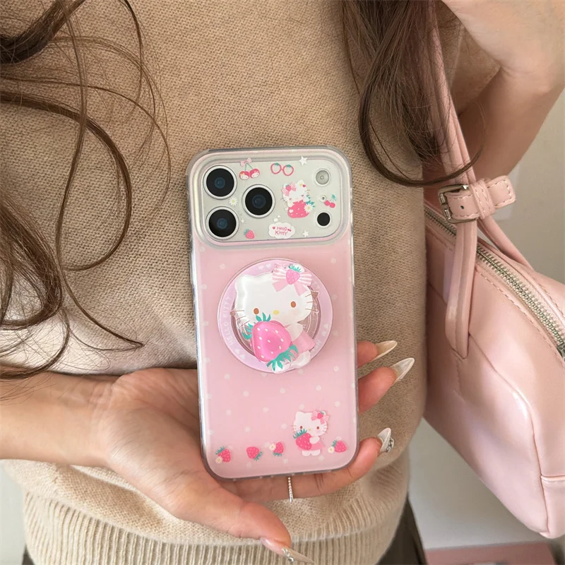 Koreańskie różowe truskawki, magnetyczne etui na telefon iPhone 17 Pro Max 14 15 16 17 Pro Max ze stojakiem, kompatybilne z MagSafe, urocze. — zdjęcie produktu 3