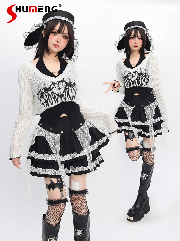 

Japanese Fashion Subculture Sweet Cool Girl Y2K Skirt Lace Patchwork High Waist A-line Versatile Casual Mini Skirts Women Summer