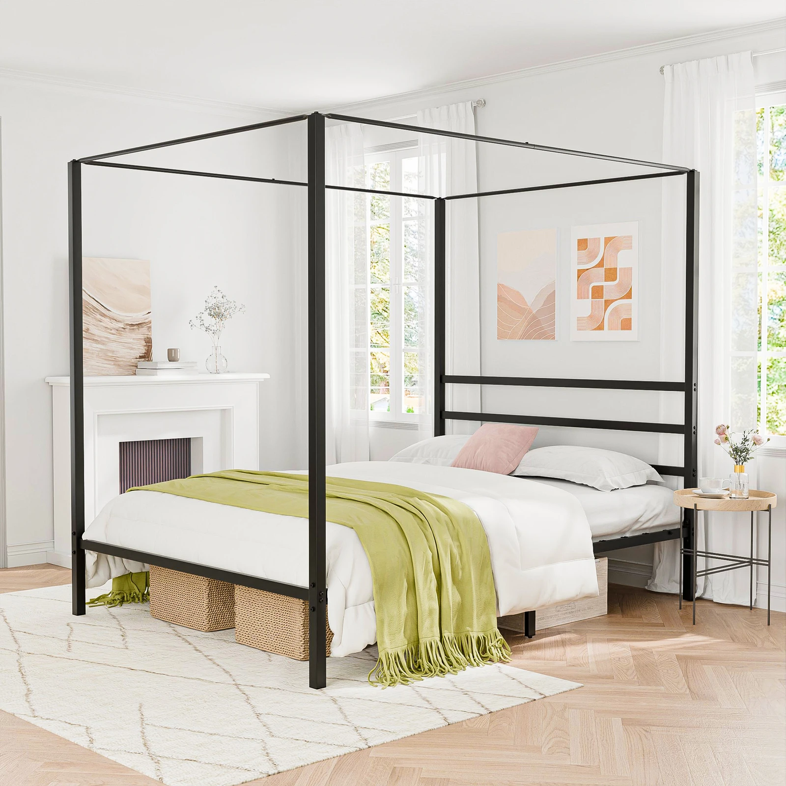 إطار سرير بمظلة بحجم كوين مع شريحة معدنية لسرير اللوح الأمامي لا حاجة إلى صندوق زنبركي