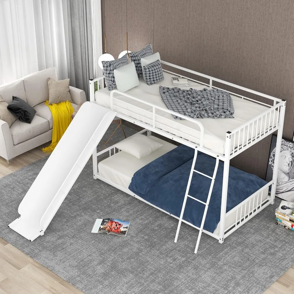 

Multifunctional Design Twin Over Twin Metal Bunk Bed with Staircase,Slide Specially for Kids Bedroom (White-B)