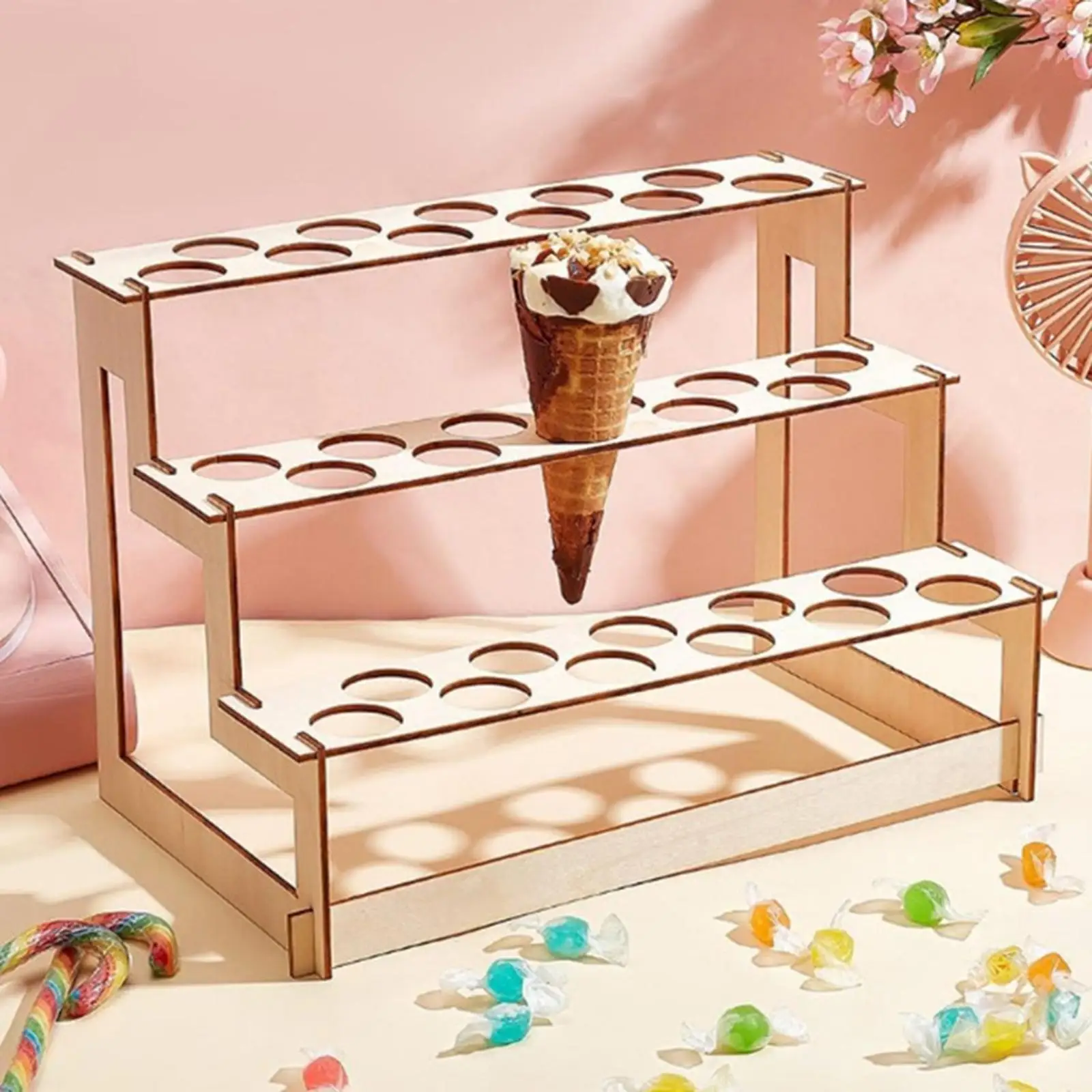 Wooden Ice Cream Cone Holder 33 Holes Decoration Popsicle Shelf Waffle Roll Sushi Display Rack for Hotel Anniversaries Birthdays