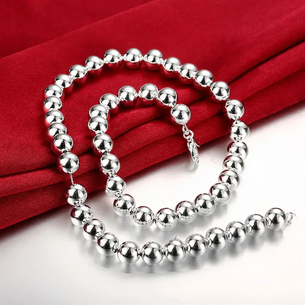 925 Sterling Silver Necklaces 50cm 20 Inches 10MM Classic Smooth Beads Fashion Necklace for Women Christmas Gifts
