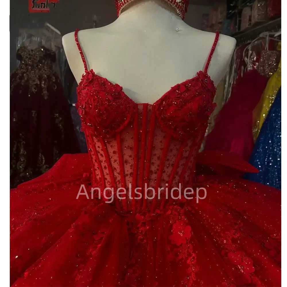 Angelsbridep-vestido De quinceañera para mujer, traje rojo elegante con apliques 3D, tirantes finos, para fiesta De noche