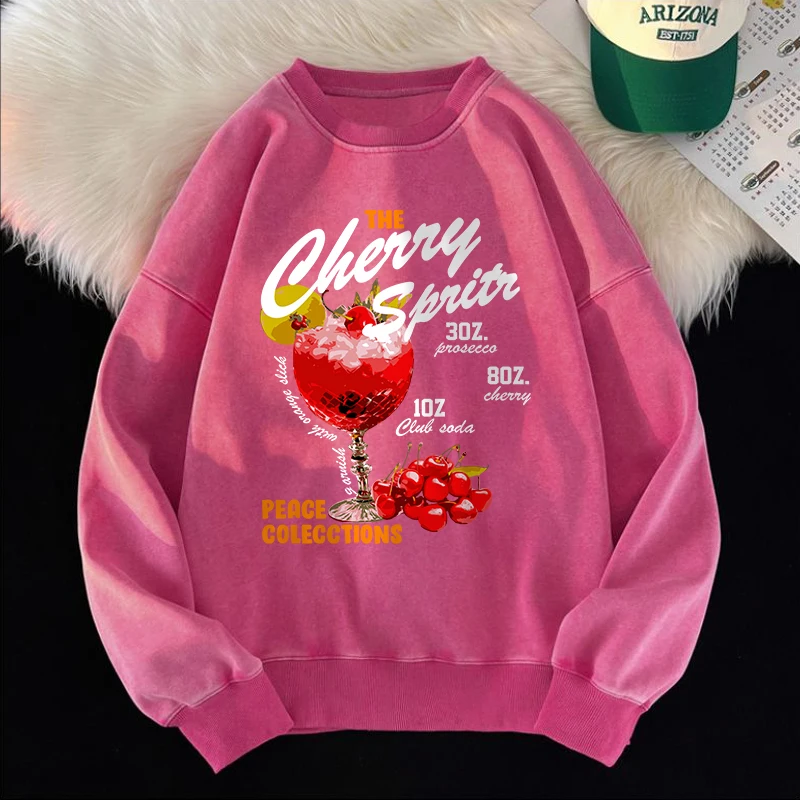 The Cherry Sprits Washed Sweatshirt Womens Fruit Cocktail Printing Tops Oversized O-Neck Cotton Pullover Street Womans Clothes