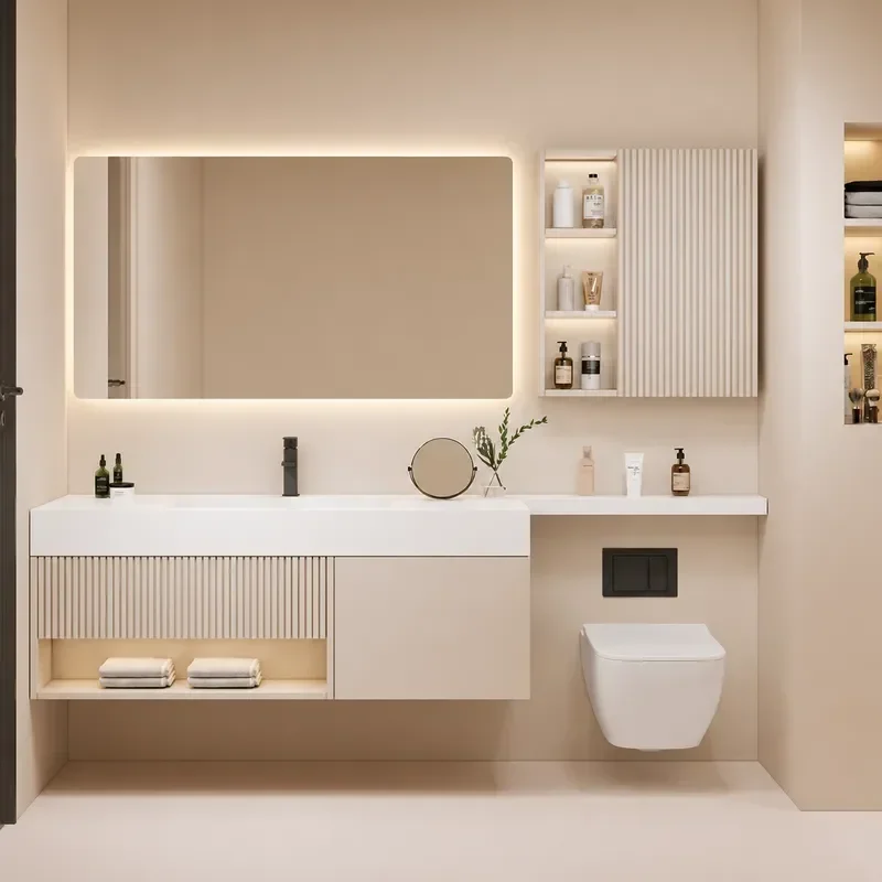 Solid Wood Bathroom Cabinet with Rock Slab Ceramic Integrated Basin Wall Mounted Vanity Unit with Mirror Storage Washstand