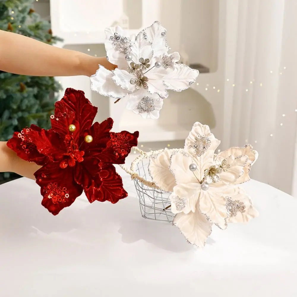 Flower Head Artificial Christmas Flowers Handmade Multi-color Simulated Christmas Flower DIY Glitter Xmas Tree Ornaments