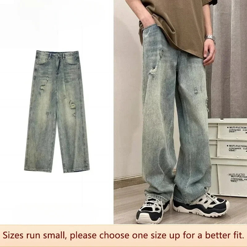 Men Summer American Retro Style Straight Crotch Thin Flared Loose Long Pants Trendy Casual Waist Pants Mens Jeans