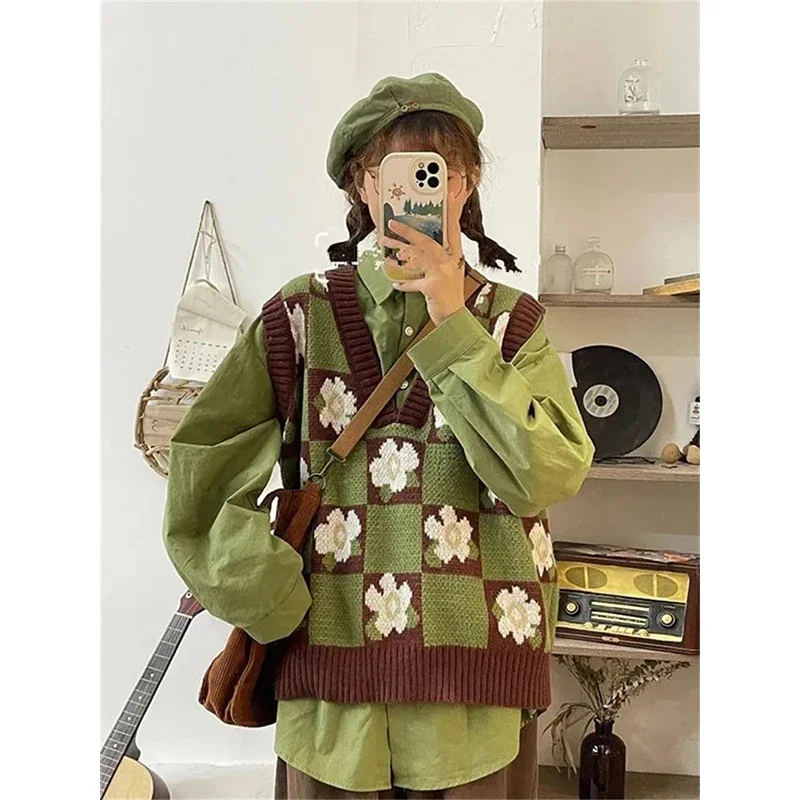 Vintage Flower Sweater Vest Women Japanese Harajuku Sleeveless Knitted Pullovers Print Waistcoat Knitwear Streetwear Jumpers New