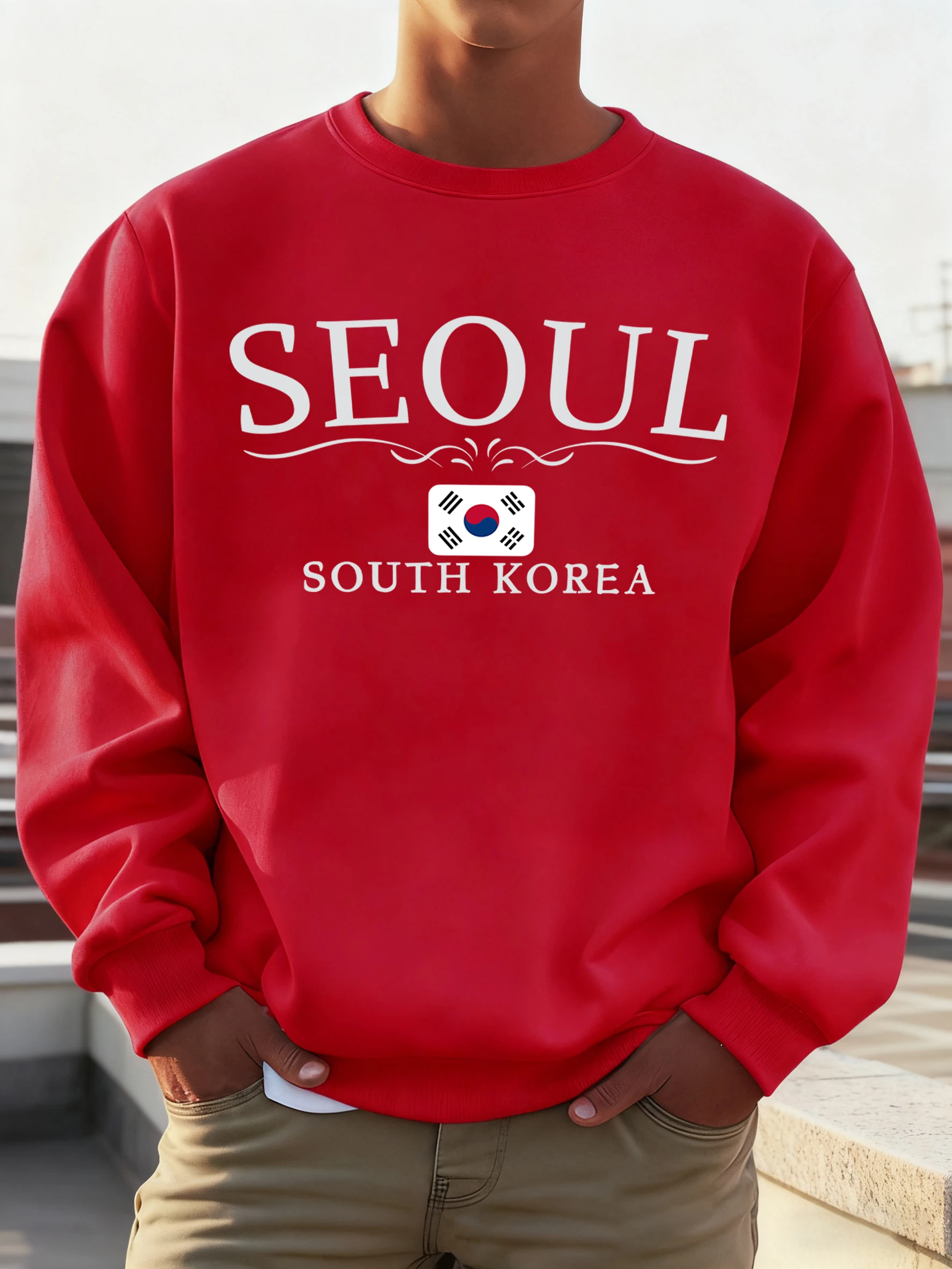 سيول كوريا الجنوبية العلم المطبوعة رجل البلوز عادية فضفاض كم طويل الهيب هوب الصوف البلوفرات للجنسين الرجعية س الرقبة الملابس #3