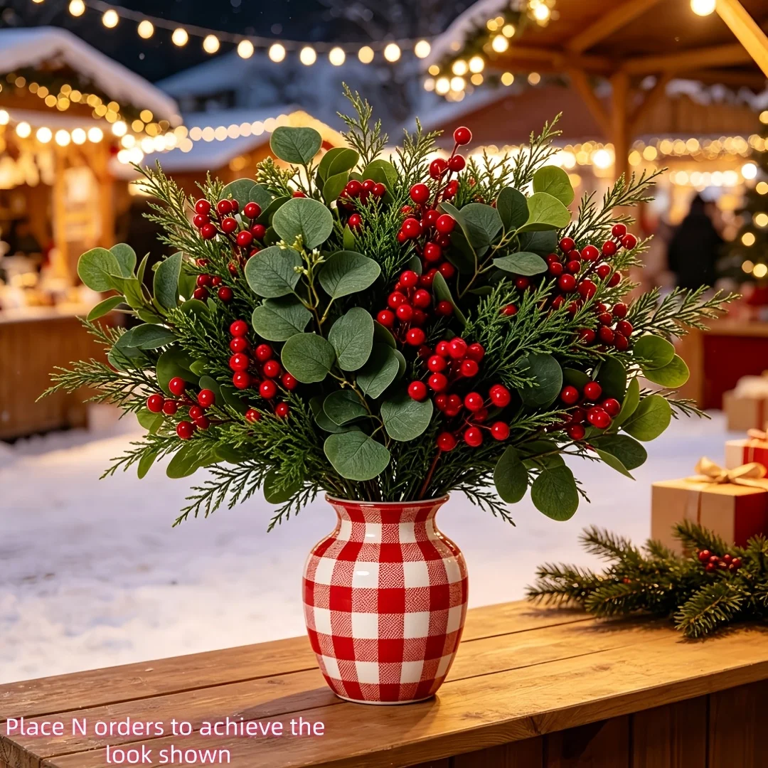 24PC Warm Winter Forest Island Artificial Greenery Cuttings Set Highly Realistic Eucalyptus Pine Needles and Red Berry Cuttings