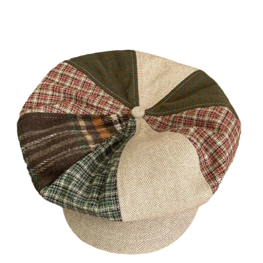 Retro Plaid Splicing Beret Wool Octagonal Cap Warm Newsboy Cap Street Painter Hat Retro Forward Cap England Plaid Hat