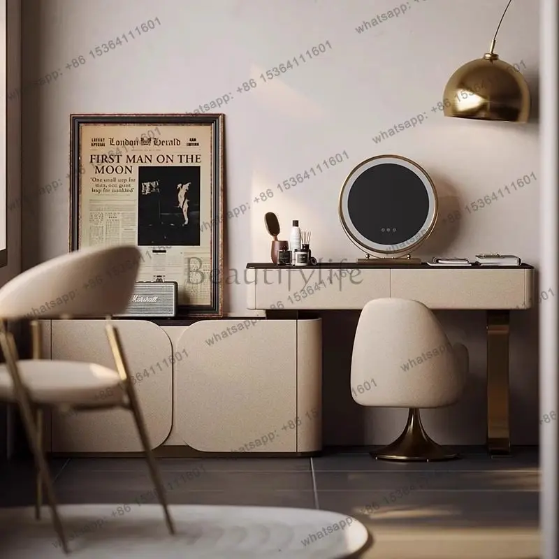 High-end solid wood dresser storage cabinet integrated light luxury retractable storage sticker microfiber leather makeup table