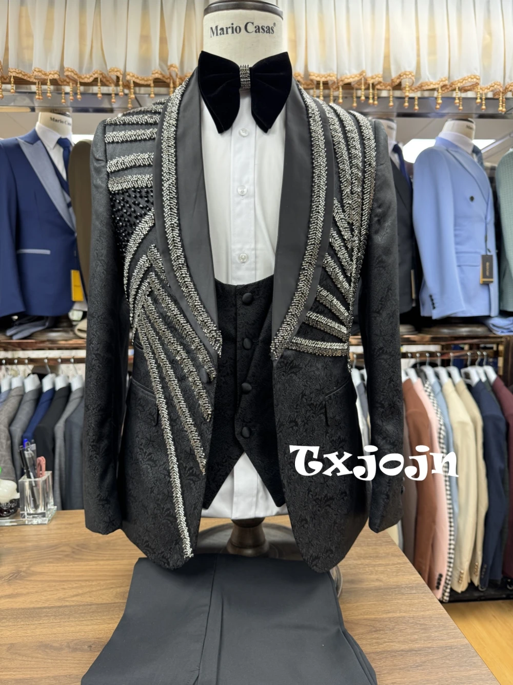 

High Quality Jacquard Men's Suits 3 Pieces Wedding Groom Outfit Luxurious Beads Slim Fit Tuxedo For Men Birthday Prom Customized