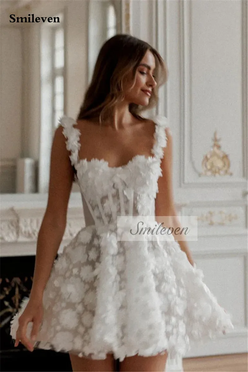 Smileven Short Wedding Dress A Line 3D Flowers Lace Bride Dresses Spaghetti  Strap Vestido de novia 2024 Wedding Gowns