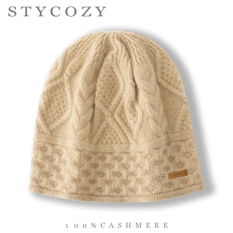 Women 100%Cashmere Cable Knitted  Beanie Hat Diamond Pattern Winter Thickened Windproof Hat Soft Cozy Skull Cap Daily Headwear