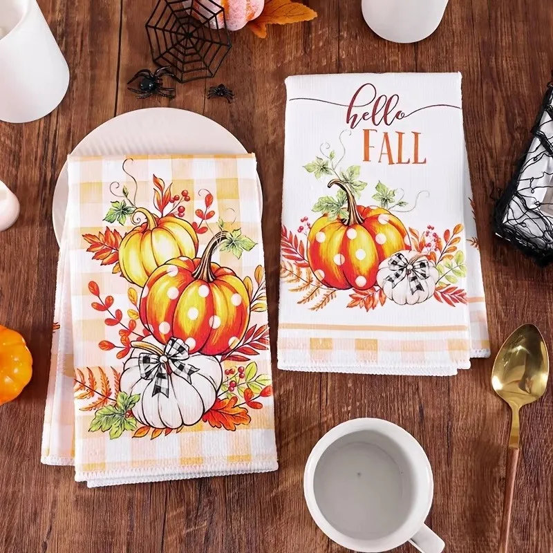 2Pcs New Hello Fall Buffalo Check Pumpkin Kitchen Towels Absorbent Cleaning Cloth Winter Home Goods Thanksgiving Christmas Gift