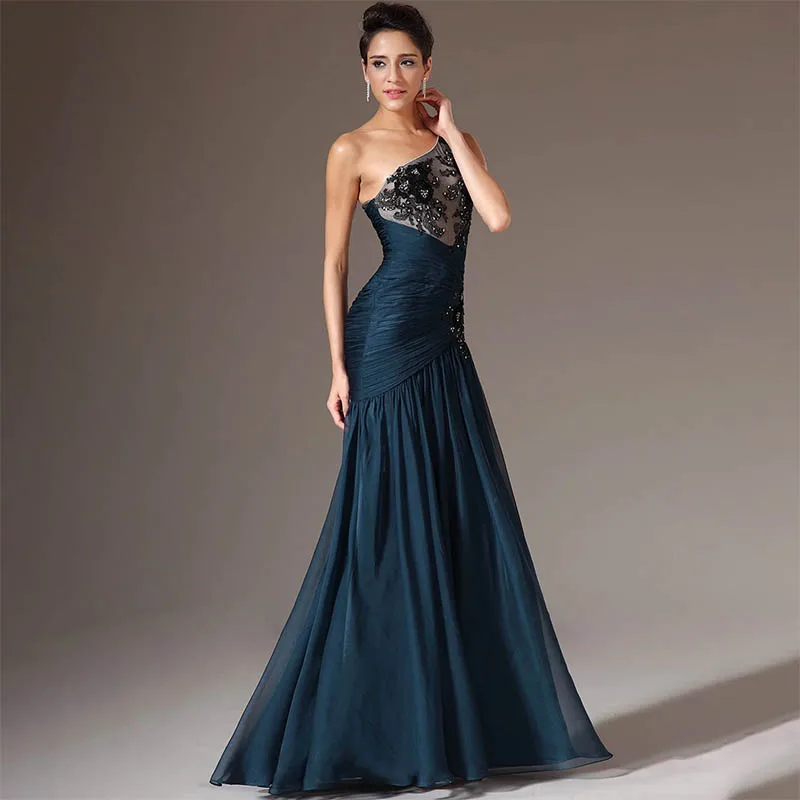 Charming Stylish Dark Blue Mermaid Chiffon One Shoulder Black Lace Decal Evening Dresses Open Back Formal Party Gowns For Women