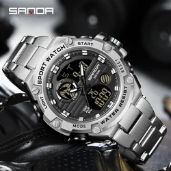 SANDA 3196 Quartz Watches Outdoor Sports 50M Waterproof LED Digital Date Watch G style Mens Dual Display Electronic wristwatches