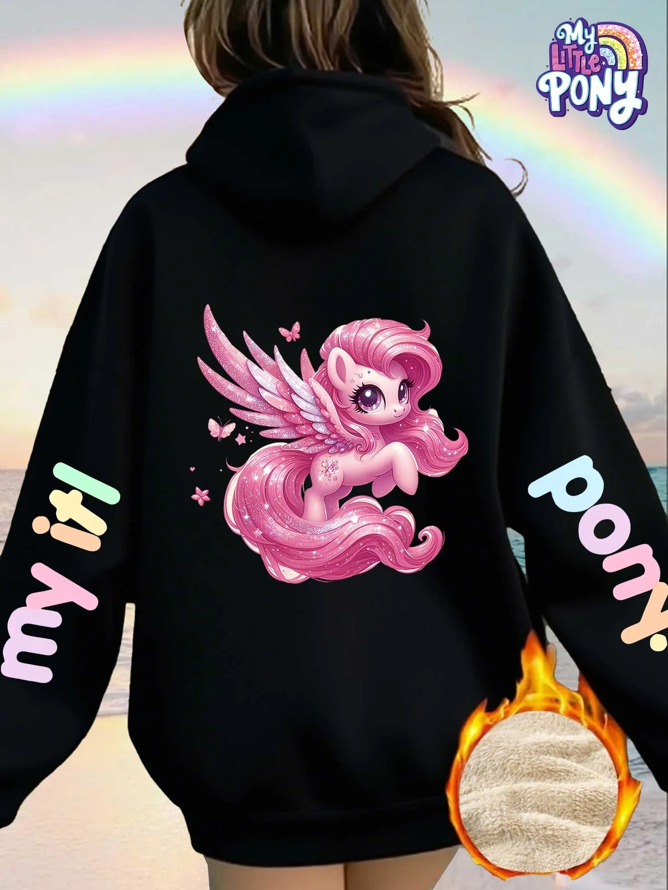 Sudadera con forro para mujer de invierno, colaboración My Little Pony, estampado de unicornio volando en pose de ensueño rosa de My Little Pony