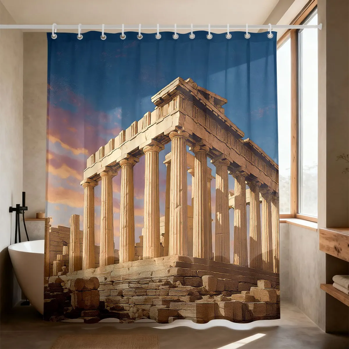Vintage Classical Greece Acropolis Parthenon Temple Ruins Dusk Cloudy Sky Landscape Bath curtain, Cozy Soft Warm Throw