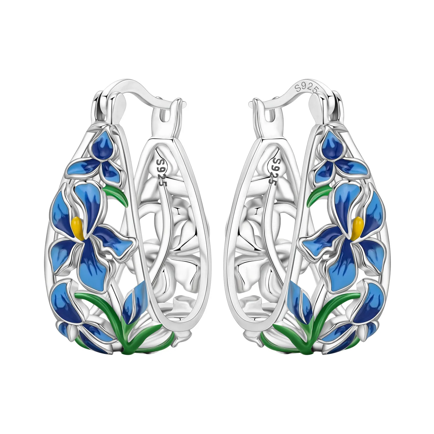 CYCUFF S925 Sterling Silber Ohrringe mit blauen Irisblüten, Creolen, Damenschmuck, originelle, trendige Geschenke zum Jahrestag