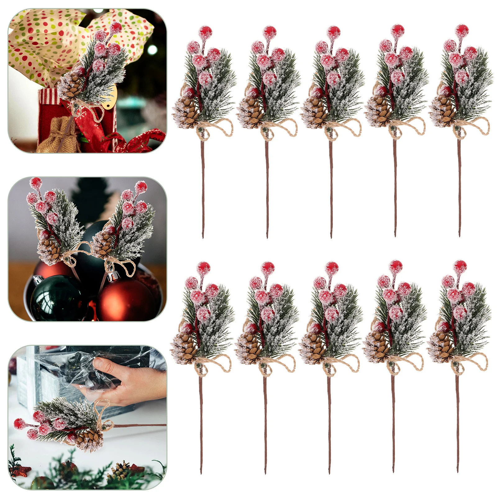 

10Pcs Lifelike Artificial Pine Picks Stimulation Red Berry Pine Needles Christmas Flower Arrangements Wreaths Holiday Decor