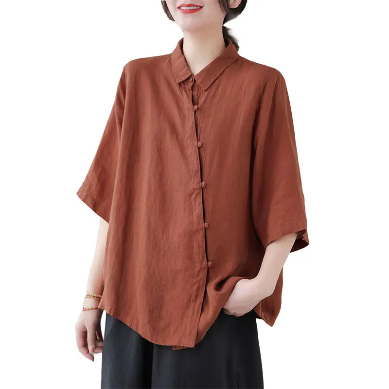 

Retro Cotton and Linen Shirt Design Niche Top for Women's Literary Solid Color Versatile Casual Shirt