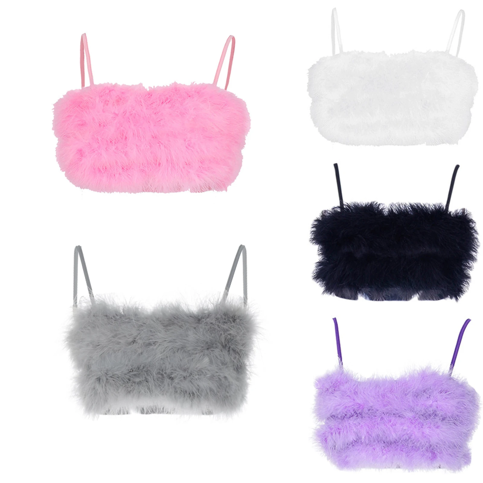 

Womens Sexy Spaghetti Strap Feather Crop Top Sleeveless Solid Color Mini Camisole Fluffy Plush Bralette Party Clubwear Dropship